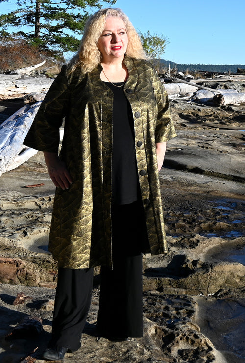 Kate Cotton Coat - Gilded Tide - Metallic Wave Print