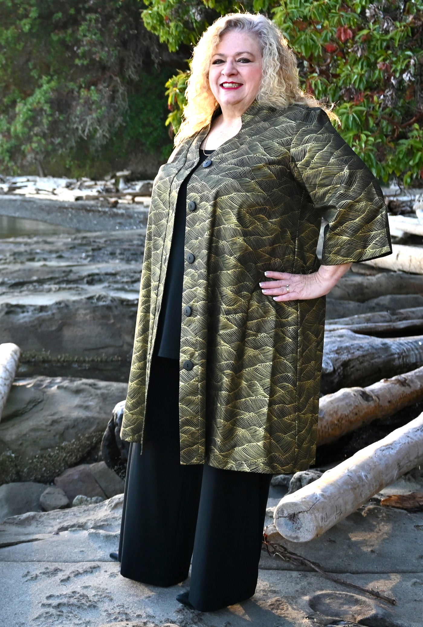 Kate Cotton Coat - Gilded Tide - Metallic Wave Print