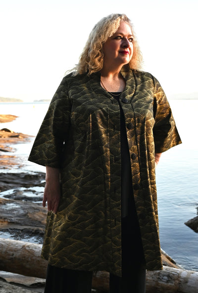 Kate Cotton Coat - Gilded Tide - Metallic Wave Print